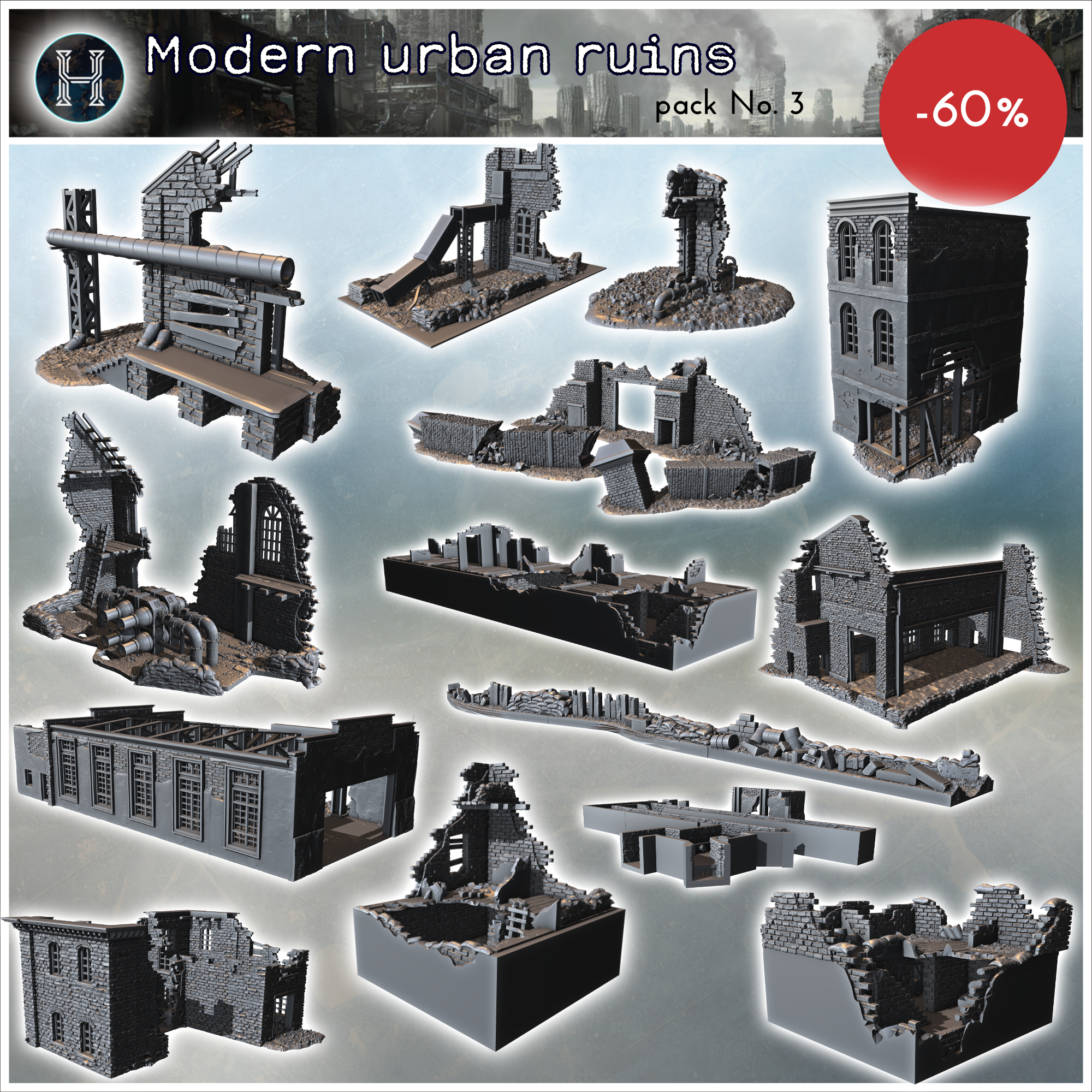 Modern urban ruins pack No. 3 - Modern WW2 WW1 World War Diaroma Wargaming RPG Mini Hobby